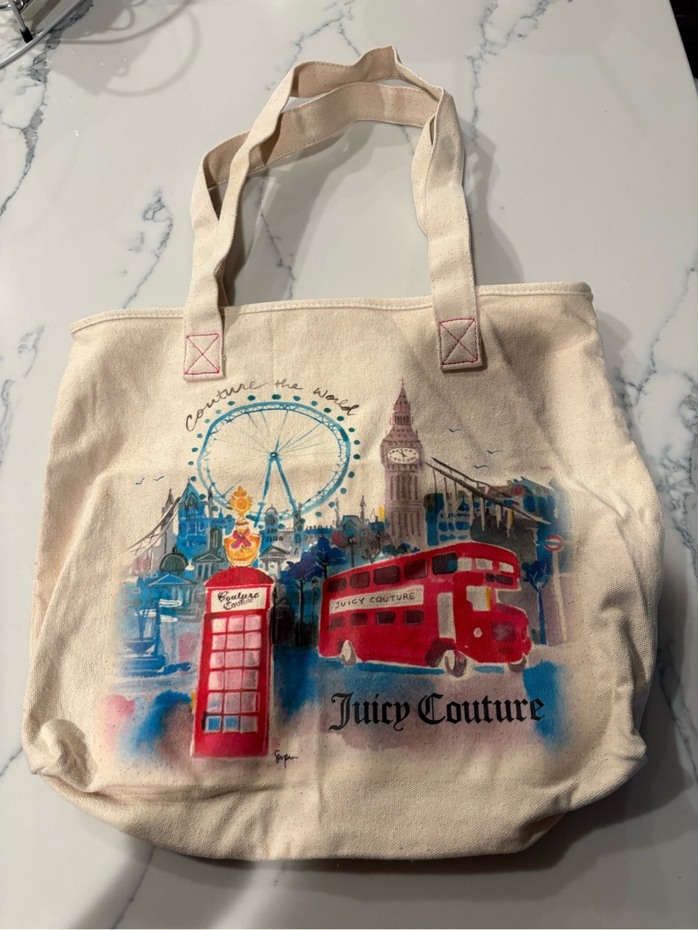 Juicy Couture Cream Canvas London Tote with Red Accents